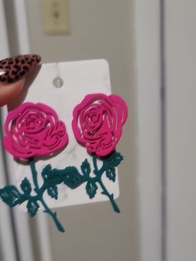 Pink Rose Dangle Earrings with Teal Stems - Women Jewelry